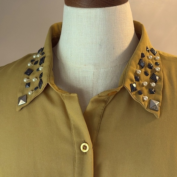 Bar III jeweled Embellished collar sheer Button Down Blouse mustard yellow Large - Picture 11 of 11